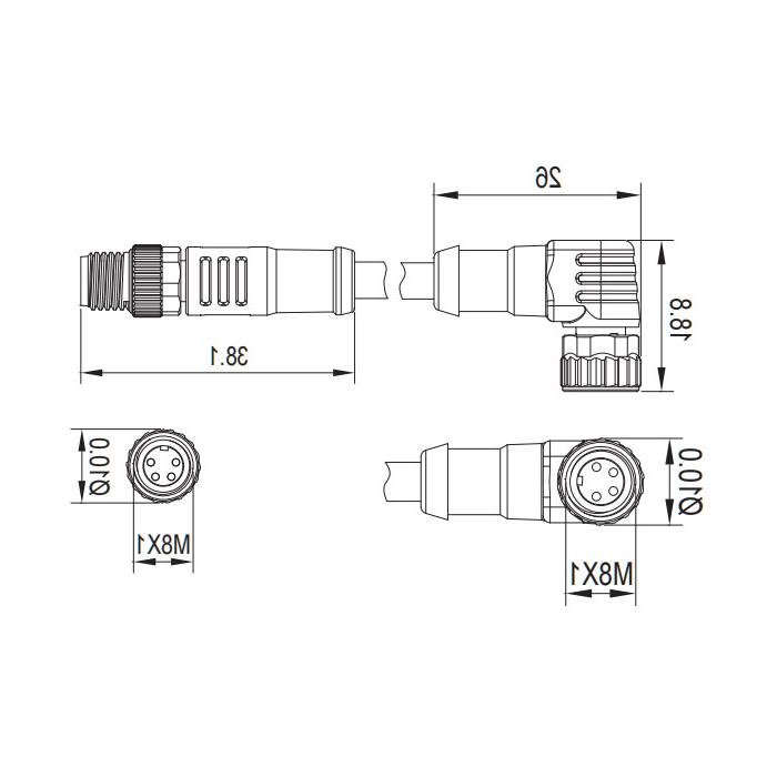 M8 4Pin、母头90°带LED灯转公头直型、双端预铸PUR柔性电缆、黑色护套、63D181-XXX